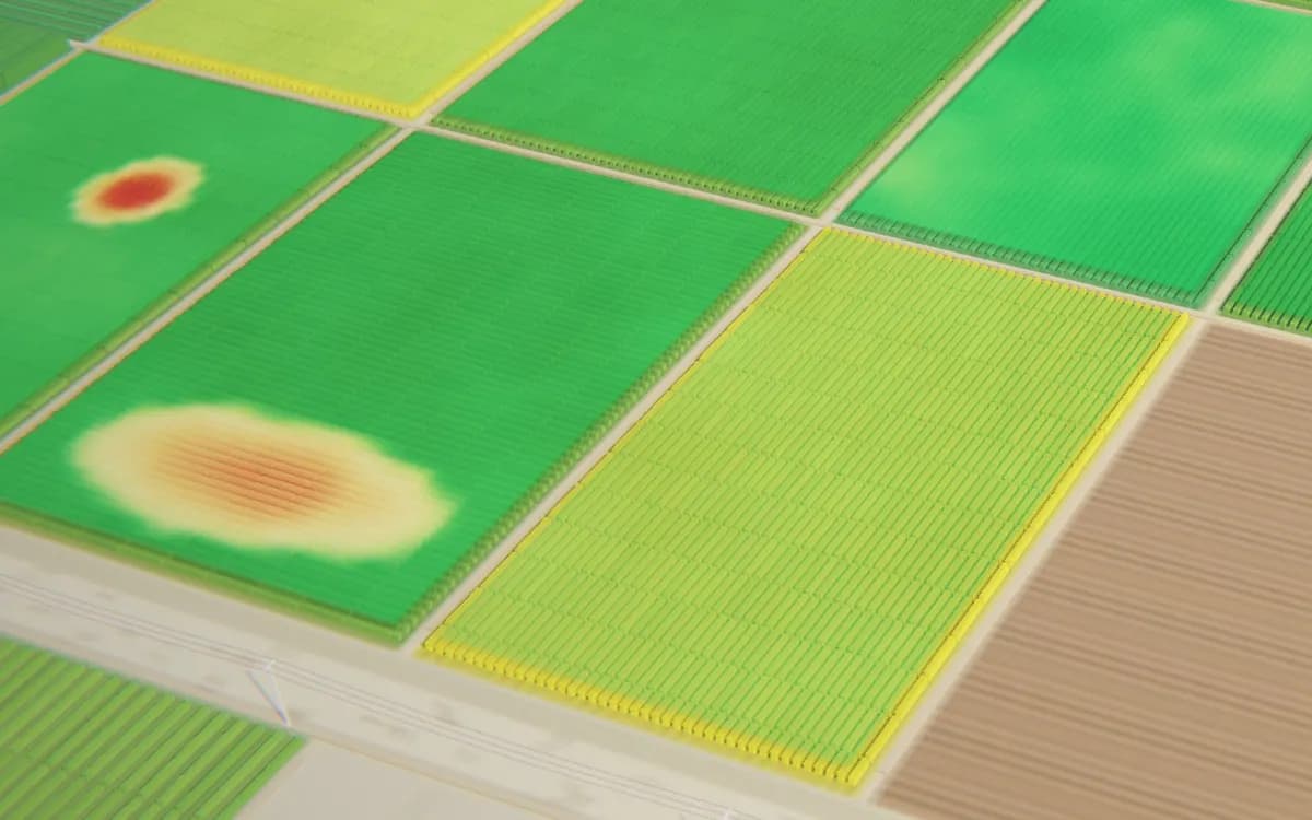 Illustrative CGI by ShepHertz: an aerial view of a patchwork of crop fields, with two patches highlighted in a warm overlay.