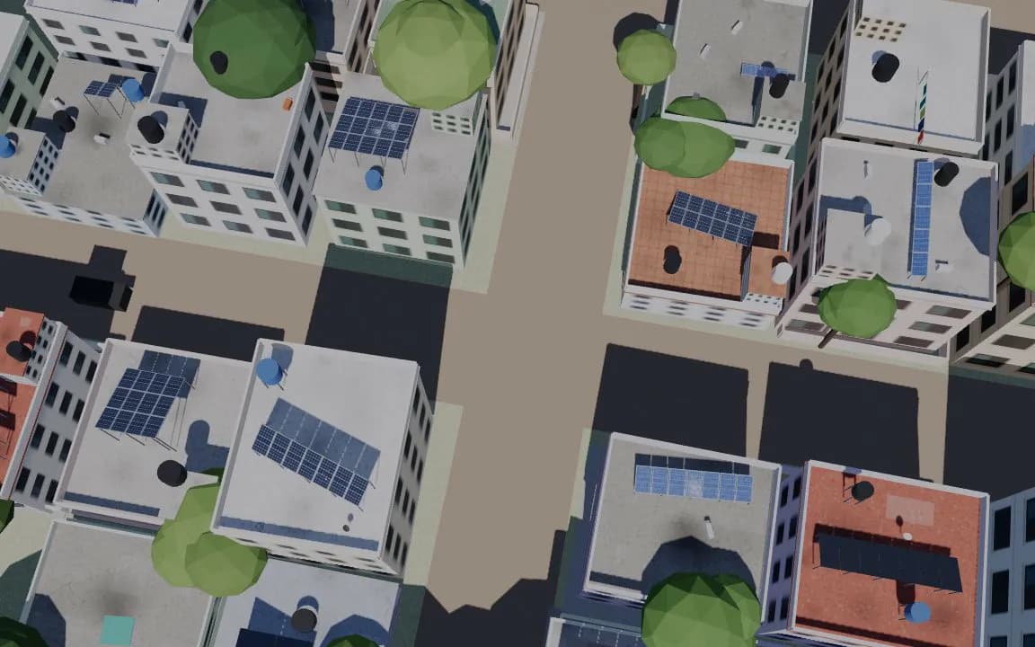 Illustrative synthetic render by ShepHertz: an aerial view of city rooftops, several carrying solar panel arrays.